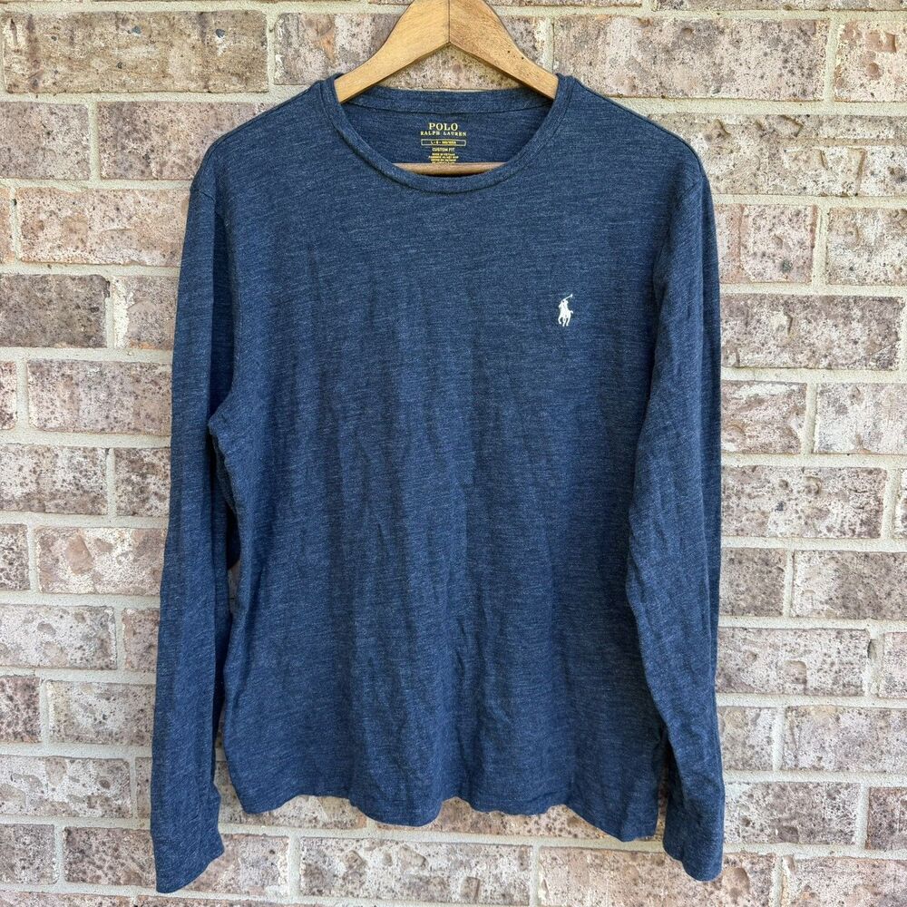 Polo Ralph Lauren Shirt Men Large Custom Fit Blue Slub Knit Long Sleeve Tee L
